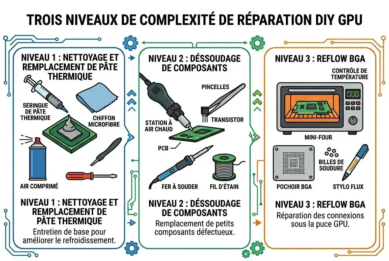 Infographie montrant 3 niveaux de réparation de GPU : nettoyage pâte thermique, dessoudage composants, reflow BGA. Ces étapes influencent la durée de vie carte graphique.