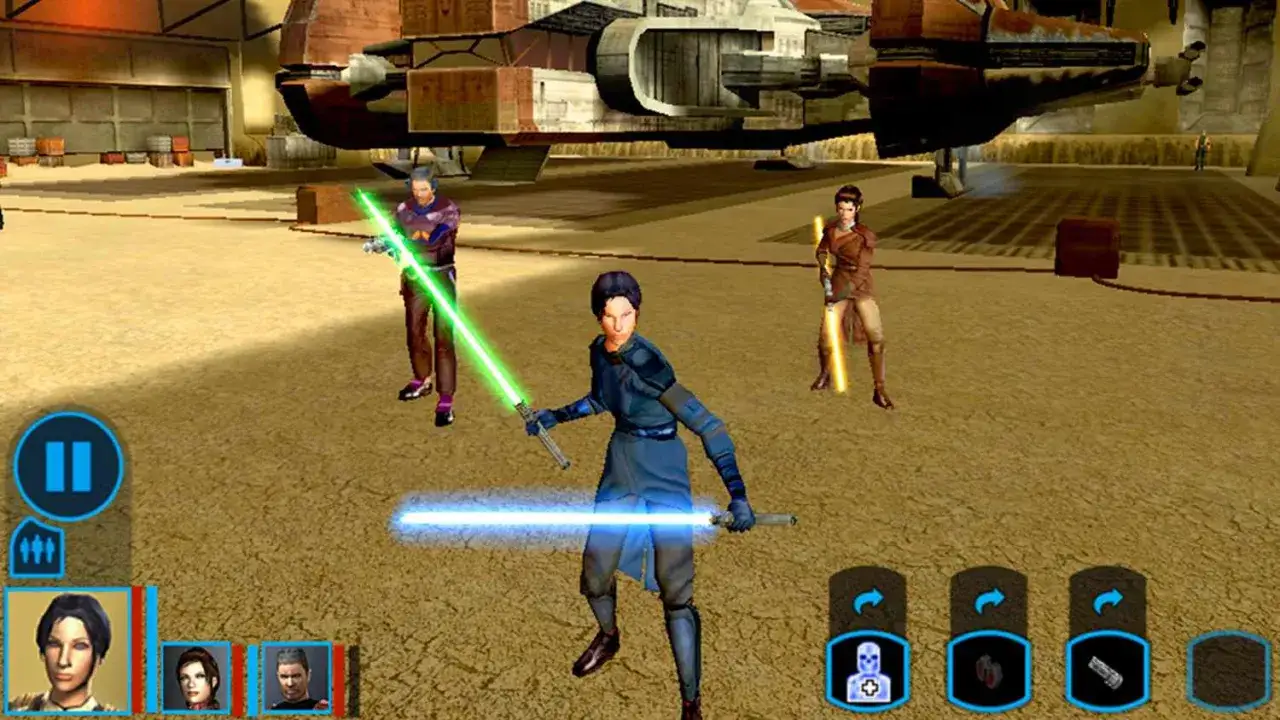 Trois personnages se battent avec des sabres laser devant un vaisseau. Idéal pour des jeux sans connexion.