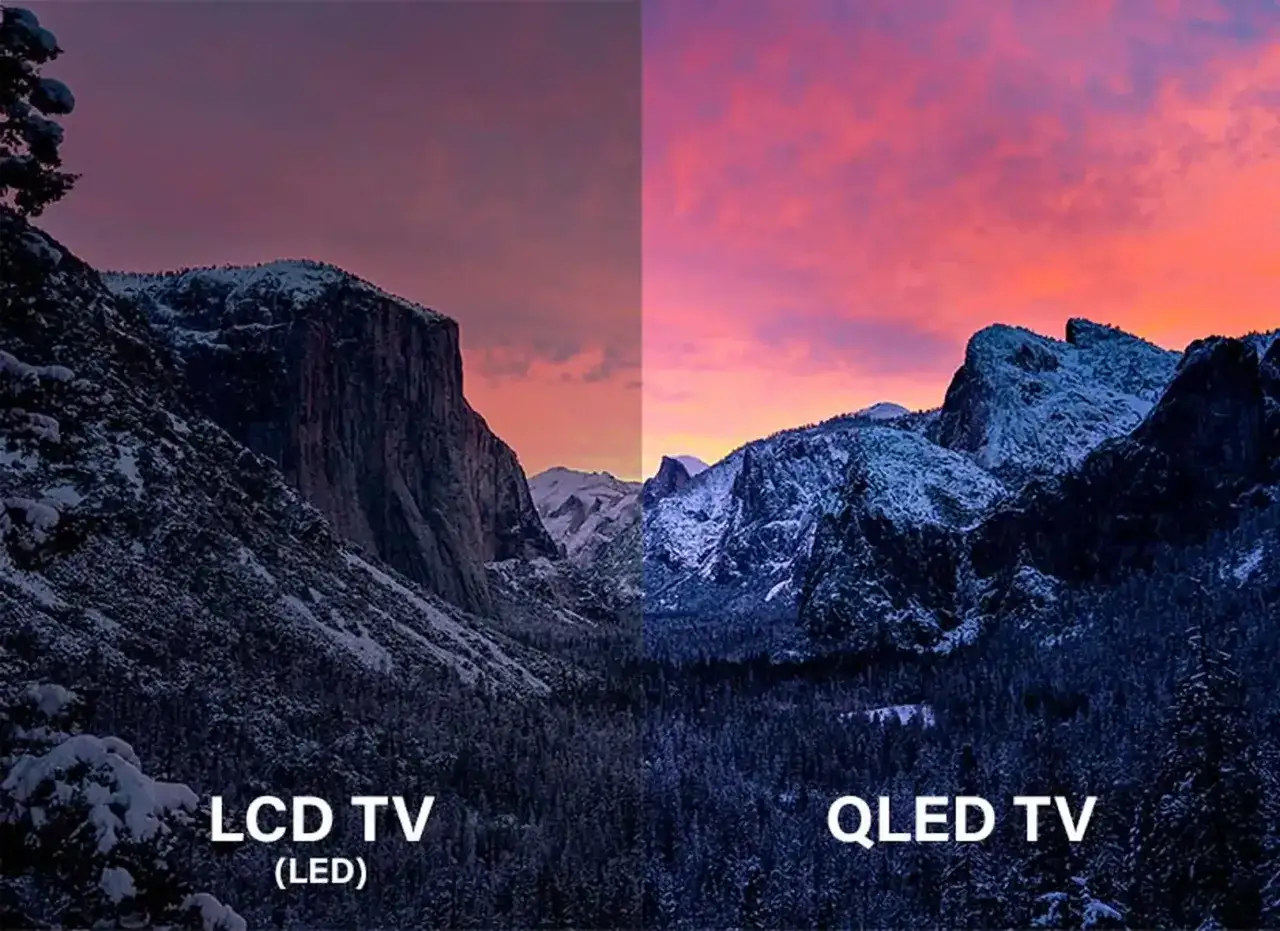 Comparaison visuelle entre un &eacute;cran LCD (LED) et un &eacute;cran QLED, montrant la diff&eacute;rence entre LED et QLED dans la reproduction des couleurs d'un paysage montagneux.