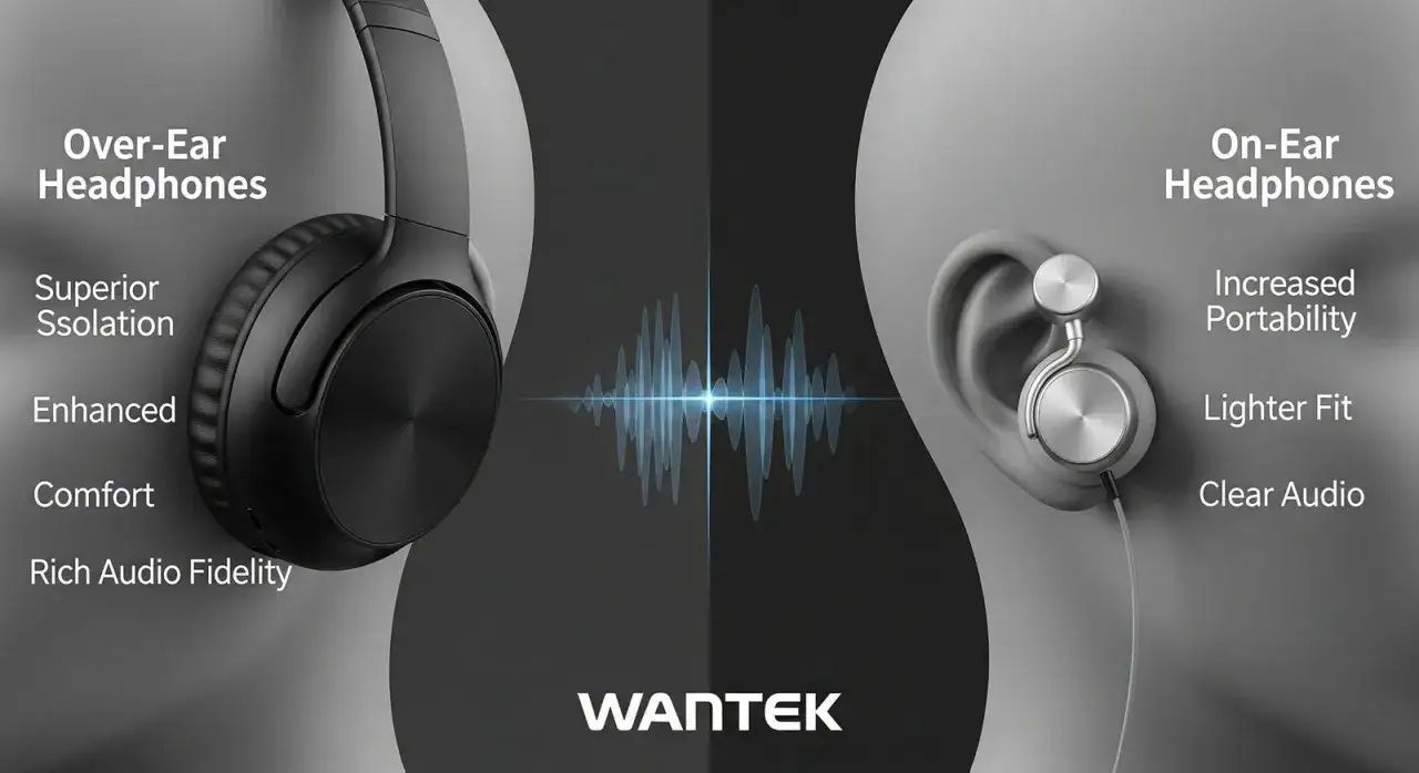 Casque supra-auriculaire noir et écouteurs argentés, comparant isolation et confort vs portabilité et légèreté.