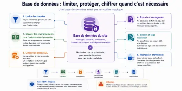 Schéma expliquant la sécurisation d'une base de données : limiter, séparer, restreindre, sauvegarder, purger, documenter. Le **serveur de sauvegarde** est un élément clé.