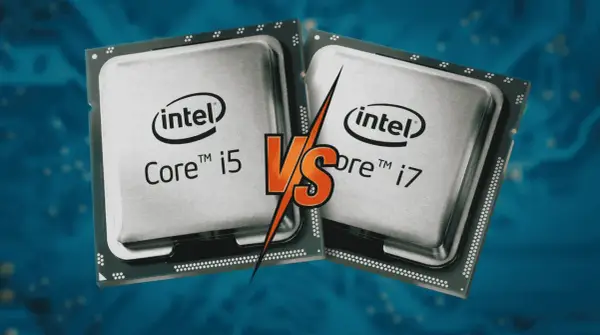 Deux processeurs Intel Core i5 et i7, symboles de la puissance d'un cpu ordi, s'affrontent sur fond bleu circuit imprimé.